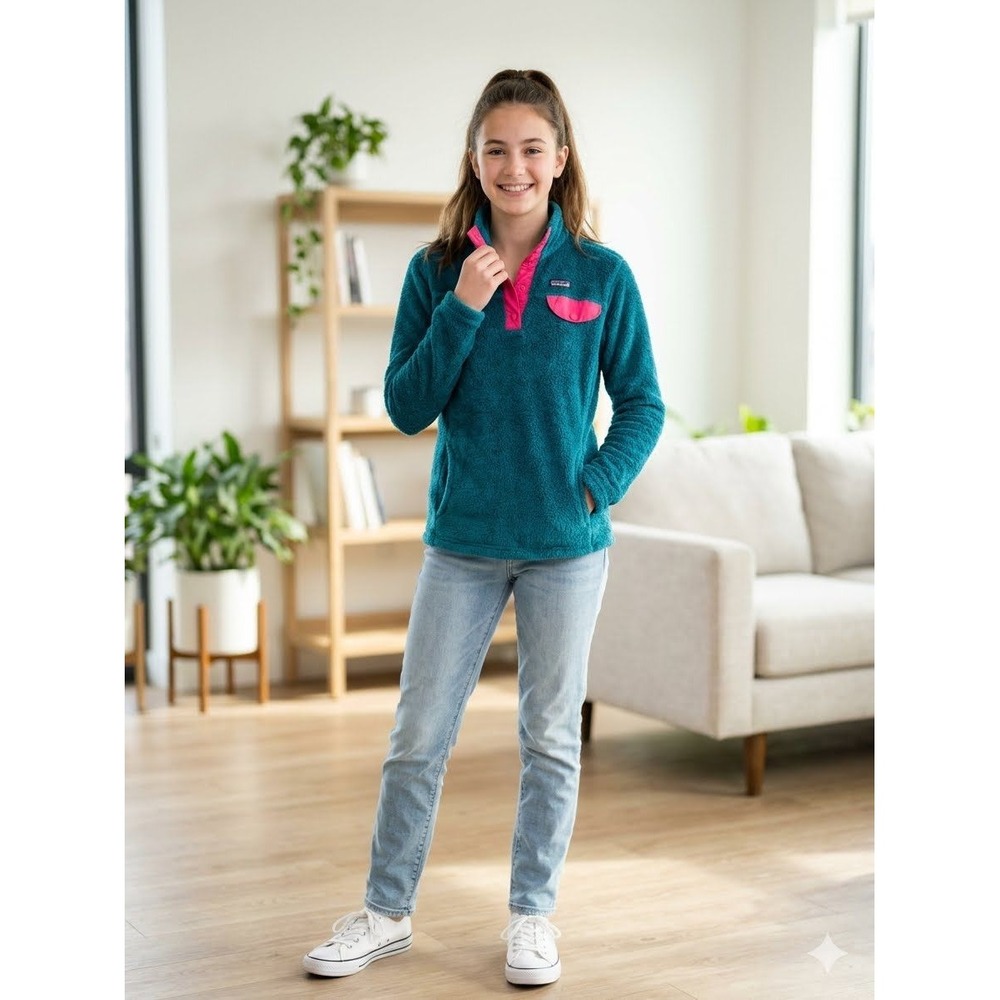 Patagonia Kids Re-Tool Snap-T Fleece Pullover Teal Pink XL 14 65586